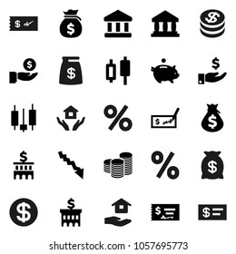 Flat vector icon set - house hold vector, bank, japanese candle, crisis, money bag, piggy, investment, coin stack, check, building, dollar, percent