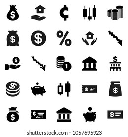 Flat vector icon set - house hold vector, bank, japanese candle, crisis, money bag, piggy, investment, coin stack, check, building, cent sign, dollar, percent