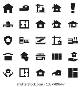 Flat vector icon set - house hold vector, school building, measuring, dry cargo, home, attention sign, cottage, barn, plan, love, construction crane, protect, mall, window