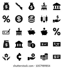 Flat vector icon set - house hold vector, bank, japanese candle, crisis, money bag, piggy, investment, coin stack, check, building, cent sign, dollar, percent