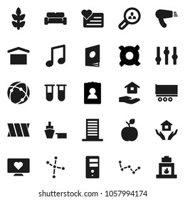 Flat vector icon set - house hold vector, apple fruit, music, constellation, personal information, any currency, cereals, heart monitor, truck trailer, port, dry cargo, settings, vial, bandage