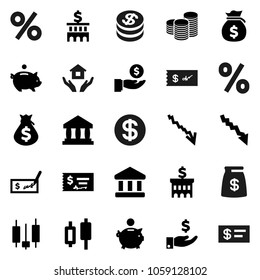 Flat vector icon set - house hold vector, bank, japanese candle, crisis, money bag, piggy, investment, coin stack, check, building, dollar, percent