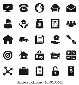 Flat vector icon set - house hold vector, skimmer, case, abacus, earth, support, car, document, group, mail, diagnostic monitor, network, home, cushioned furniture, phone, money bag, mall, target