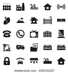 Flat vector icon set - house vector, pool, mountain, garage, fence, estate document, sale signboard, rooms, lock, crib, relocation truck, heating, air conditioner, tv, wireless, building, phone