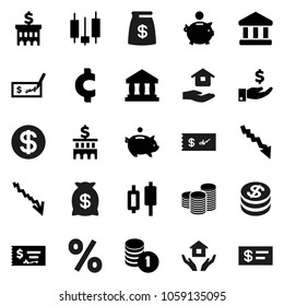 Flat vector icon set - house hold vector, bank, japanese candle, crisis, piggy, investment, coin stack, check, building, cent sign, dollar, money bag, percent