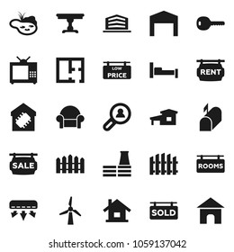 Flat vector icon set - house vector, cottage, pond, windmill, barn, fence, plan, sale signboard, rent, rooms, sold, low price, office building, client search, key, table, cushioned furniture, tv