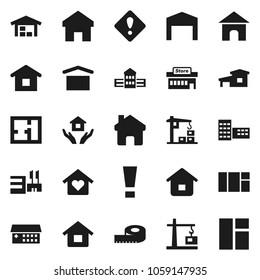 Flat vector icon set - house hold vector, school building, measuring, dry cargo, hospital, home, attention sign, cottage, barn, plan, love, construction crane, mall, window
