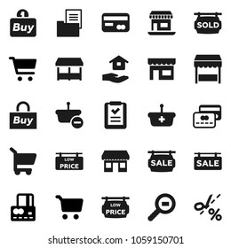 Flat vector icon set - house hold vector, cart, credit card, office, cargo search, estate document, sale signboard, sold, low price, market, store, buy, basket, shopping list, coupon