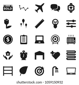 Flat vector icon set - house hold vector, towel, ruler, notebook pc, alarm clock, leaf, constellation, dollar coin, clipboard, target, heart monitor, cross, plane, tulip, shelving, dialog, sperm