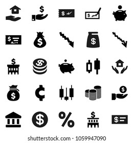Flat vector icon set - house hold vector, bank, japanese candle, crisis, money bag, piggy, investment, coin stack, check, building, cent sign, dollar, percent