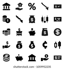 Flat vector icon set - house hold vector, bank, japanese candle, crisis, money bag, piggy, investment, coin stack, check, building, cent sign, dollar, percent
