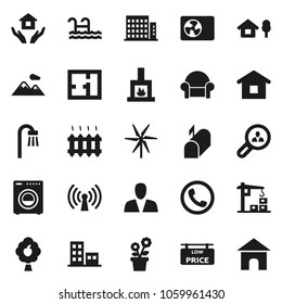 Flat vector icon set - house hold vector, chalet, pool, windmill, fruit tree, mountain, plan, low price signboard, apartments, client search, consumer, bath, washer, cushioned furniture, fireplace