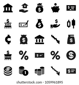 Flat vector icon set - house hold vector, bank, japanese candle, crisis, money bag, piggy, investment, coin stack, check, building, cent sign, dollar, percent