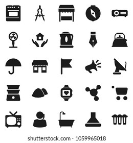 Flat vector icon set - house hold vector, garbage pile, kettle, double boiler, pen, drawing compass, molecule, flag, heart monitor, office, support, umbrella, bath, market, cart, loudspeaker, hood