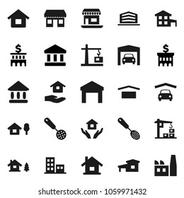 Flat vector icon set - house hold vector, skimmer, university, bank, building, office, dry cargo, warehouse, cottage, chalet, garage, apartments, construction crane, factory