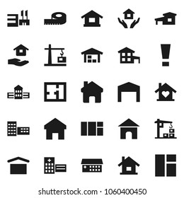 Flat vector icon set - house hold vector, school building, measuring, dry cargo, hospital, home, attention sign, cottage, barn, plan, love, construction crane, mall, window