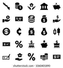Flat vector icon set - house hold vector, bank, japanese candle, crisis, money bag, piggy, investment, coin stack, check, building, cent sign, dollar, percent