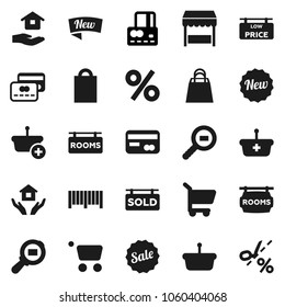 Flat vector icon set - house hold vector, credit card, cargo search, rooms signboard, sold, low price, sale, new, shopping bag, percent, market, barcode, basket, cart, coupon