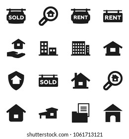 Flat vector icon set - house hold vector, cottage, estate document, rent signboard, sold, apartments, search, home protect