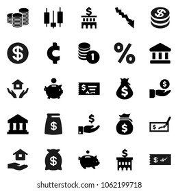 Flat vector icon set - house hold vector, bank, japanese candle, crisis, money bag, piggy, investment, coin stack, check, building, cent sign, dollar, percent