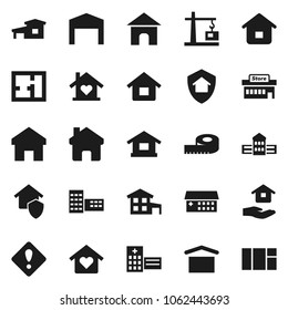 Flat vector icon set - house hold vector, school building, measuring, dry cargo, hospital, home, attention sign, cottage, barn, plan, love, construction crane, protect, mall, window