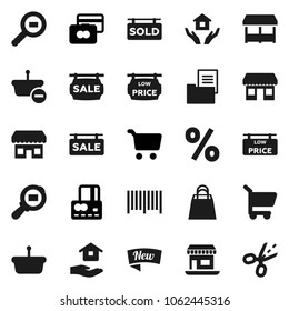 Flat vector icon set - house hold vector, cart, credit card, office, cargo search, estate document, sale signboard, sold, low price, new, shopping bag, percent, market, store, barcode, basket