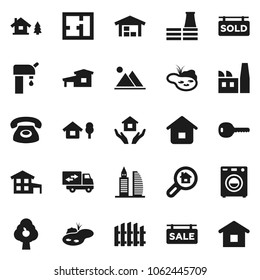 Flat vector icon set - house hold vector, cottage, chalet, pond, water supply, fruit tree, mountain, barn, fence, plan, sale signboard, sold, office building, search estate, key, washer, phone, home