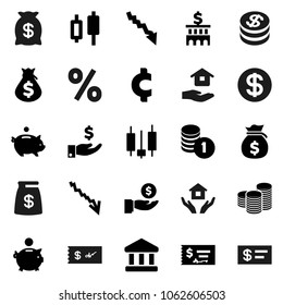Flat vector icon set - house hold vector, bank, japanese candle, crisis, money bag, piggy, investment, coin stack, check, building, cent sign, dollar, percent