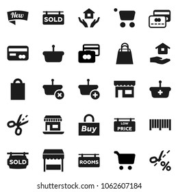 Flat vector icon set - house hold vector, cart, credit card, office, rooms signboard, sold, low price, new, shopping bag, market, store, buy, barcode, basket, coupon