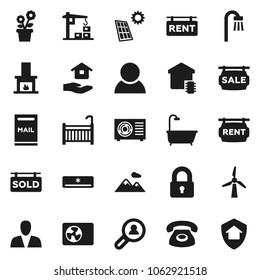 Flat vector icon set - house hold vector, mailbox, solar panel, windmill, mountain, sale signboard, rent, sold, client search, consumer, lock, crib, bath, fireplace, air conditioner, ari condition