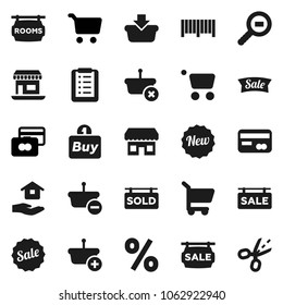Flat vector icon set - house hold vector, cart, credit card, office, cargo search, sale signboard, rooms, sold, new, percent, store, buy, barcode, basket, shopping list, coupon