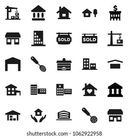 Flat vector icon set - house hold vector, skimmer, university, school building, bank, office, dry cargo, hospital, cottage, chalet, barn, sold signboard, apartments, love home, construction crane