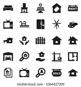 Flat vector icon set - house hold vector, cottage, pond, pool, solar panel, windmill, garage, fence, plan, estate document, rent signboard, sold, search, client, cushioned furniture, fireplace, tv