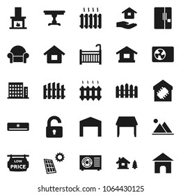 Flat vector icon set - house hold vector, chalet, solar panel, mountain, barn, fence, low price signboard, apartments, unlock, crib, table, cushioned furniture, fireplace, heating, air conditioner