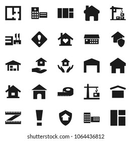 Flat vector icon set - house hold vector, school building, measuring, dry cargo, hospital, home, attention sign, plan, construction crane, protect, mall, window