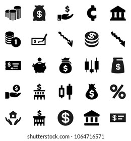 Flat vector icon set - house hold vector, bank, japanese candle, crisis, money bag, piggy, investment, coin stack, check, building, cent sign, dollar, percent