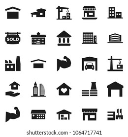 Flat vector icon set - house hold vector, university, muscule hand, office, dry cargo, warehouse, hospital building, cottage, garage, barn, sold signboard, apartments, love home, construction crane