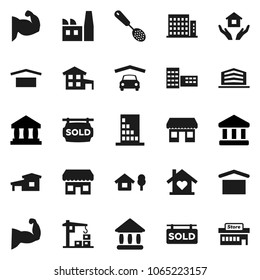 Flat vector icon set - house hold vector, skimmer, school building, university, bank, muscule hand, office, dry cargo, cottage, chalet, garage, sold signboard, apartments, love home, factory, store