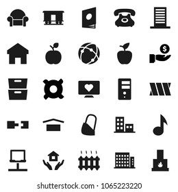 Flat vector icon set - house hold vector, apple fruit, music, archive, investment, any currency, heart monitor, phone, dry cargo, Railway carriage, bandage, connection, notebook network, server