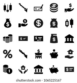 Flat vector icon set - house hold vector, bank, japanese candle, crisis, money bag, piggy, investment, coin stack, check, building, dollar, percent