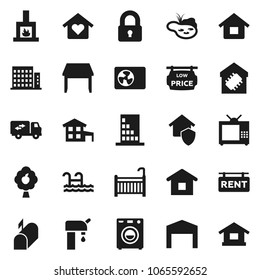 Flat vector icon set - house vector, cottage, pond, pool, water supply, fruit tree, barn, rent signboard, low price, apartments, lock, crib, table, washer, relocation truck, love home, fireplace, tv
