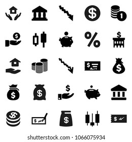 Flat vector icon set - house hold vector, bank, japanese candle, crisis, money bag, piggy, investment, coin stack, check, building, dollar, percent