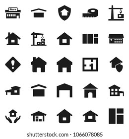 Flat vector icon set - house hold vector, measuring, dry cargo, hospital building, home, attention sign, cottage, barn, plan, construction crane, protect, mall, window