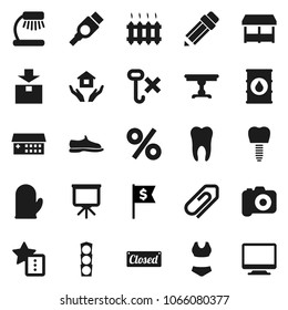 Flat vector icon set - house hold vector, cook glove, pencil, table lamp, presentation, dollar flag, snickers, swimsuite, traffic light, no hook, package, oil barrel, camera, hdmi, hospital building