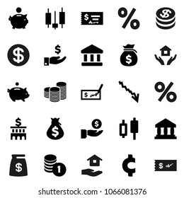 Flat vector icon set - house hold vector, bank, japanese candle, crisis, money bag, piggy, investment, coin stack, check, building, cent sign, dollar, percent