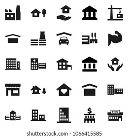 Flat vector icon set - house hold vector, school building, bank, muscule hand, dry cargo, hospital, cottage, chalet, garage, apartments, love home, construction crane, factory, store, mall