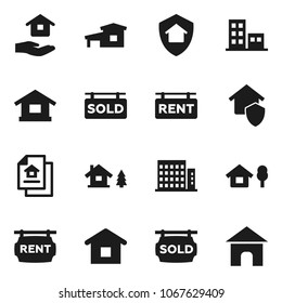 Flat vector icon set - house hold vector, cottage, chalet, estate document, rent signboard, sold, apartments, home protect