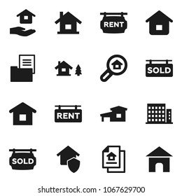 Flat vector icon set - house hold vector, cottage, chalet, estate document, rent signboard, sold, apartments, search, home protect