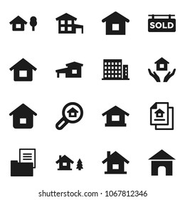 Flat vector icon set - house hold vector, cottage, chalet, estate document, sold signboard, apartments, search, home