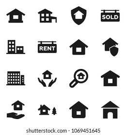 Flat vector icon set - house hold vector, cottage, chalet, rent signboard, sold, apartments, search estate, home protect